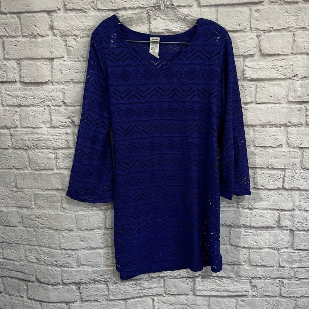 LL Bean Womens Eyelet V Neck Blue Swim dress Cover-Up medium